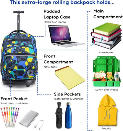 J World Sundance Laptop Rolling Backpack for Girls Boys. Roller Bookbag with Wheels, Cubes