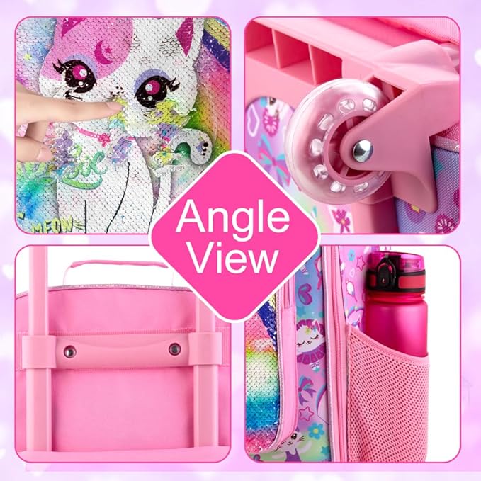 UFNDC 2PCS Kids Luggage Set, Girls Sequins Rolling Suitcase with Wheels, Travel Carry on for Children Toddler Elementary