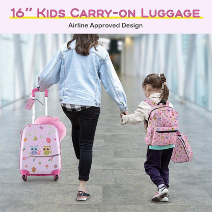 BABY JOY Kids Luggage, 5 Pieces Luggage Set w/ 16" Carry-on Hardshell Spinner Toddler Suitcase, 13" Backpack, Neck Pillow & Insulated Lunch Bag, Travel Kids Rolling Suitcase for Girls Boys (Pink Owl)