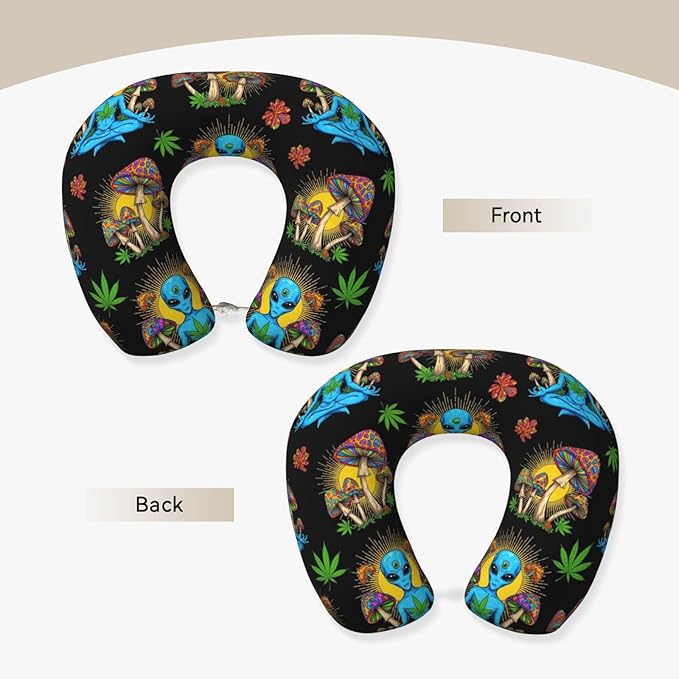 Memory Foam Airplane Pillow Sun Chakra Yoga Meditation Alien Weedleaf Trippy Eye Mushroom for Car Chin Head Neck Supporting, U Shape Pillows Travel Cushion for Office, Nap Sleeping