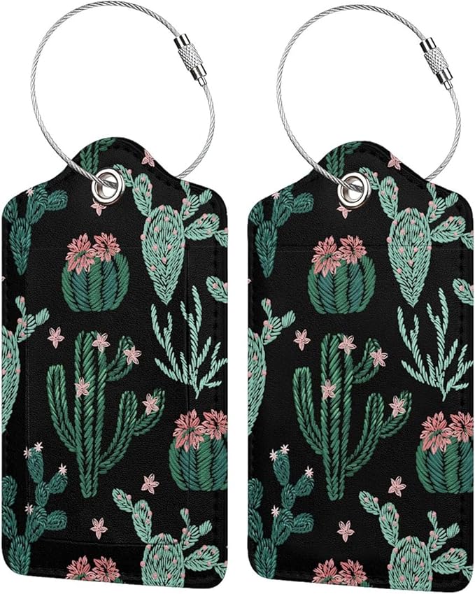 2 Pcs Cute Cactus Luggage Tags for Suitcases for Women Girls Boys Men Travel, Funny Leather Bag Tags Suitcase Labels for Luggage Backpack with Stainless Steel Loop, Full Back Privacy Cover