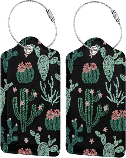 2 Pcs Cute Cactus Luggage Tags for Suitcases for Women Girls Boys Men Travel, Funny Leather Bag Tags Suitcase Labels for Luggage Backpack with Stainless Steel Loop, Full Back Privacy Cover