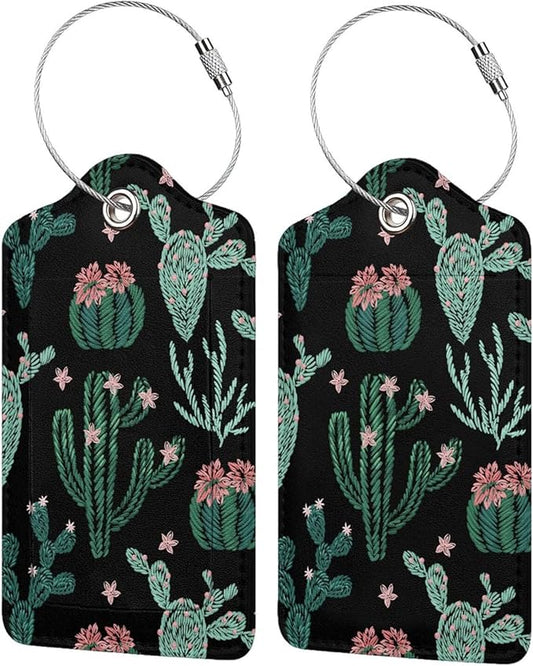 2 Pcs Cute Cactus Luggage Tags for Suitcases for Women Girls Boys Men Travel, Funny Leather Bag Tags Suitcase Labels for Luggage Backpack with Stainless Steel Loop, Full Back Privacy Cover