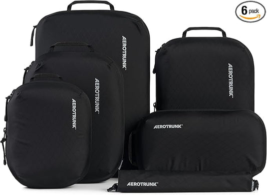 Aerotrunk Ultralight Compression Packing Cubes - Lightweight Travel Organizers for Suitcases and Luggage (6-Pack, Black)