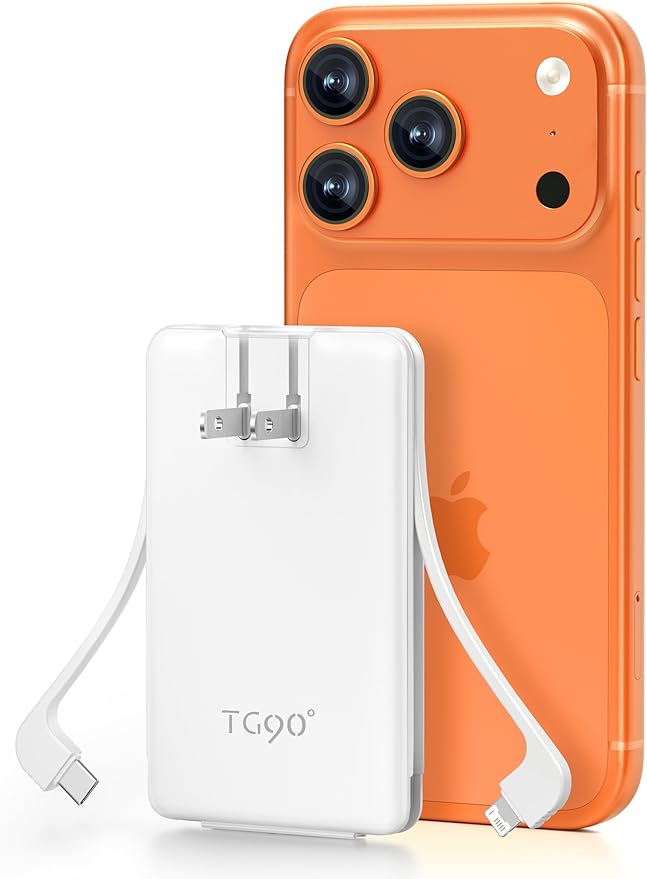 TG90° 5000mAh Small Portable Charger Built in AC Wall Plug and Cables, Card Size Power Bank with USB C Cords for Phones, 3 Output External Battery Pack Compatible with iPhone, Android Devices