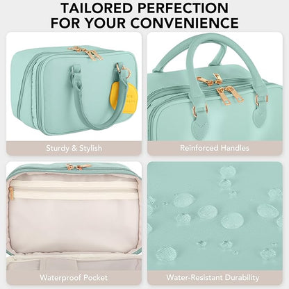 Travel Makeup Bag for Women Fashion Large Capacity Pouch Open Flat Cosmetic Portable Organizer Waterproof Large Opening Storage Toiletry Bags Vertical Free-Standing Brush Holder for Easy Access Blue