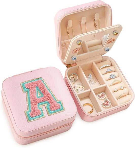 SANDJEST Personalized Jewelry Box, Pink Travel Jewelry Box with Initial A, Small Monogrammed Jewelry Case Organizer for Girls Women Teen Kids, Mini Travel Essentials Gifts for Birthday Christmas