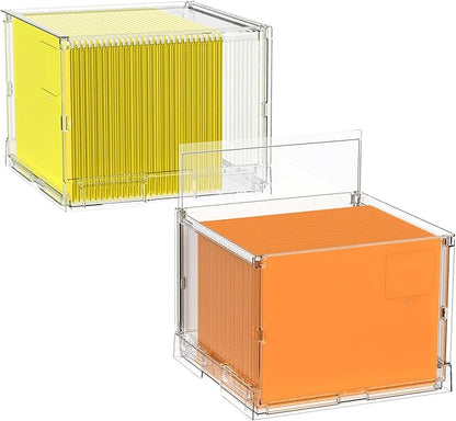 File Organizer Box with Lid,Hanging Filing Folder Organizer for Document Storage with Plastic Slide,Letter-size File Holder Filing Box for Office/Home/Decor/（2Pack）