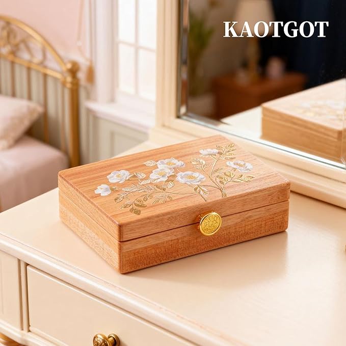 Travel Jewelry Case Small Wood Jewelry Organizer Jewelry Box for Women (Pine Wood Print A)