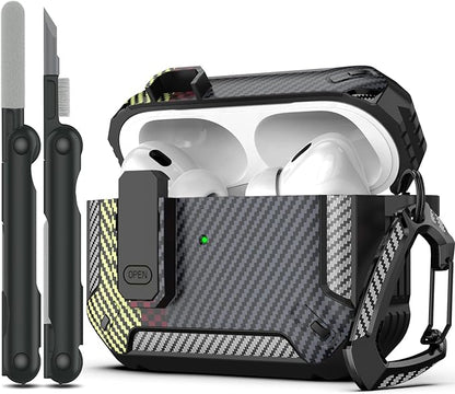 RFUNGUANGO for AirPods Pro 2nd Gen Case with Cleaning Kit, Military Hard Case Protective Armor with Lock, for AirPod Gen 2 Charging Case (2023/2022/2019, 2nd Gen/1st Gen), Carbon Fiber Ash