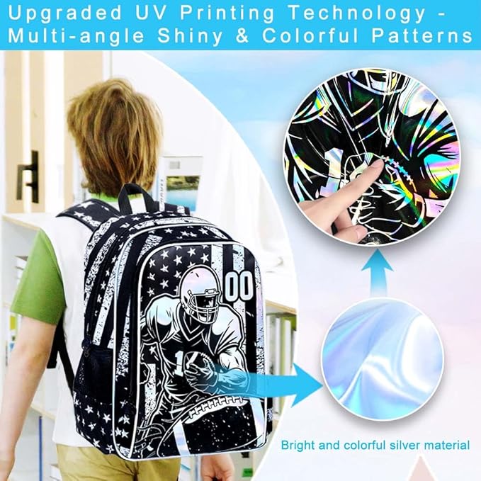 WZLVO 3PCS Rugby School Backpack, 17" Cool UV Printing Boys Football Bookbag/School Bag with Lunch Box & Pencil Bag for Elementary to Middle - Star-Spangled Rugby