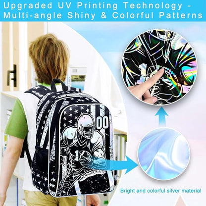 WZLVO 3PCS Rugby School Backpack, 17" Cool UV Printing Boys Football Bookbag/School Bag with Lunch Box & Pencil Bag for Elementary to Middle - Star-Spangled Rugby