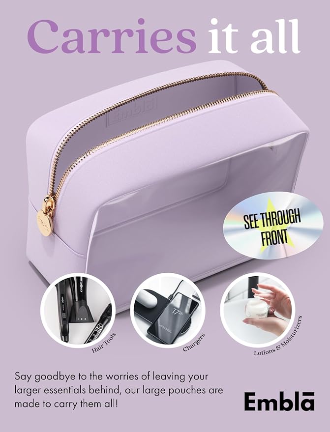 Embla London Makeup Bag Cosmetic Case, Clear Zipper Make Up Pouch and Toiletry Travel Tote, Cute Skincare Pouches for Women Girls, Preppy Purse Cosmetic Organizer, Large Makeup Bags, Lilac