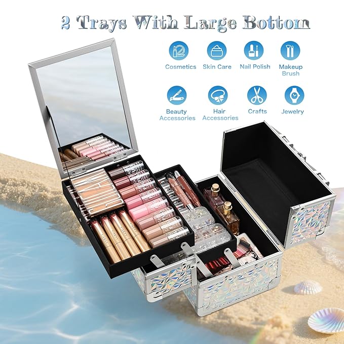 Joligrace Makeup Train Case Makeup Case Organizer Portable Cosmetic Box Storage with 2 Trays Mirror Locking with Keys Make Up Travel Case Nail Kits Traveling Makeup Box Shiny Silver