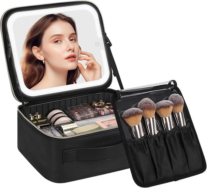 Chomeiu Makeup Bag with LED Mirror, Travel Makeup Case for Women and Makeup Artists Cosmetic Organizer Large Make Up Bags with Light Up Mirror, 3 Color Lights, Adjustable Dividers and Brush Holder