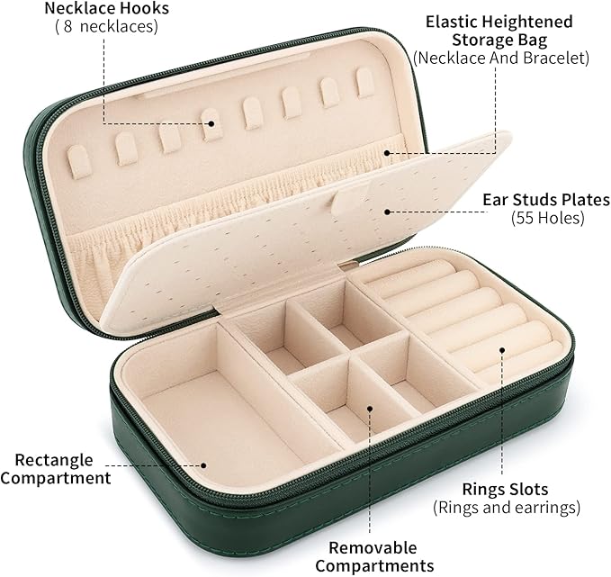 DesignSter Travel Jewelry Box, PU Leather Portable Jewelry Case, Small Jewelry Boxes for Gifts, Travel Jewelry Organizer for Women Rings Earrings Necklaces Bracelets (Dark Green)