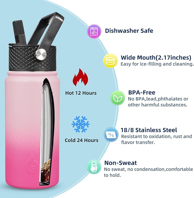 BJPKPK Insulated Water Bottles with Straw Lid, 18oz Stainless Steel Metal Water Bottle, Cold Hot Thermo with 3 Lids, Leak Proof BPA Free Travel Cup, Wide Mouth Flasks, Thermo -Cherry