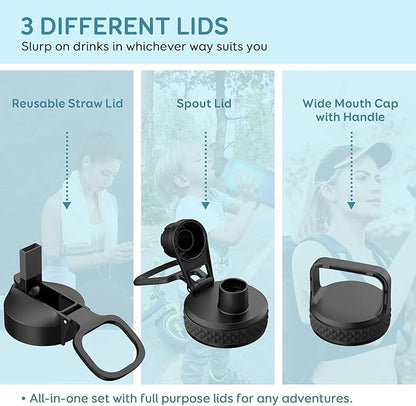 Coolflask 128 oz Gallon Water Bottle Insulated with Straw&3 Lids, Water Jug Large Stainless Steel Metal Vacuum Wide Mouth for Sports, Gym or Office, Non-BPA Keep Cold 48H Hot 24H, Samurai Cyan