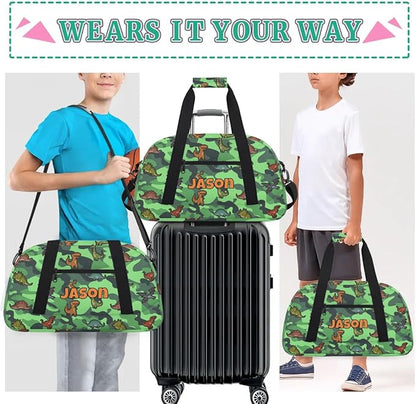 Personalized Duffel Bag for Kids Girls Boys, Cartoon Dinosaurs Custom Name Gym Bag Overnight with Padded Handles Carry On Weekend Sports Travel Bag for School Practice Gymnastics Ballet