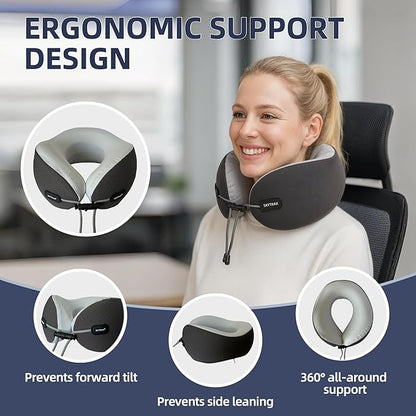 SKYTRAX COMF® Premium Ergonomic Memory Foam Travel Neck Pillow, Washable Cooling Ice Silk Cover, Firm Neck Support for Airplane Long Flights & Pain Relief, with Portable Carry Case (Grey)