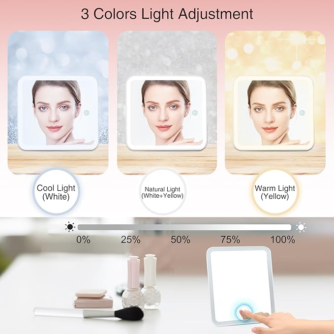 Relavel Travel Makeup Bag With LED Mirror Portable Travel Makeup Organizer 3 Color Adjustable Brightness Waterproof Cosmetic Train Case with Removable Dividers Makeup Storage for Women, Pink