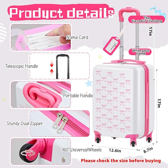 Redbaker 6 Pcs Kids Luggage Set 17 Inch Kids Rolling Luggage Double Pattern Suitcase for Girls Boys School Gift(Pink, 17 Inch, Bow Style)
