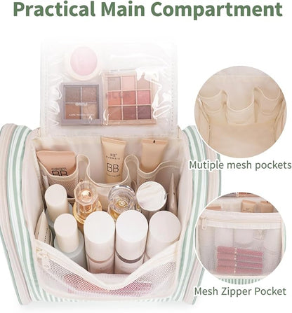 Narwey Striped Hanging Travel Toiletry Bag for Women, Travel Bag for Toiletries, Makeup Bag Organizer Cosmetic Bags Make Up Bags for Women (Mint Green Stripe)