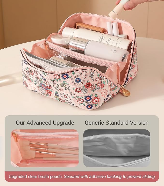 Aveniee Travel Makeup Bag for Women, Large Cosmetic Organizer with Open-Flat Design, Clear Divider & Handle - Waterproof PU Leather Toiletry Case (Floral Pattern)