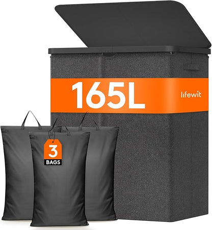 Lifewit 165L Laundry Basket with Lid, Large Laundry Hamper with Plastic Handles and Removable Bag, Foldable Tall Dirty Clothes Hampers for Laundry for Laundry Room, Bedroom, Bathroom, Dorm, Dark Gray