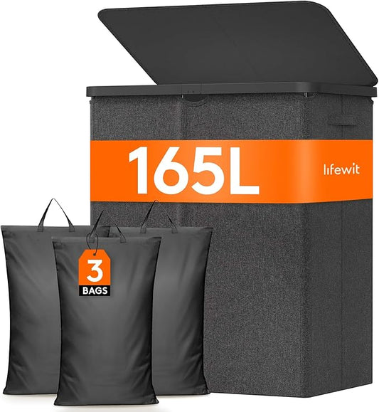 Lifewit 165L Laundry Basket with Lid, Large Laundry Hamper with Plastic Handles and Removable Bag, Foldable Tall Dirty Clothes Hampers for Laundry for Laundry Room, Bedroom, Bathroom, Dorm, Dark Gray
