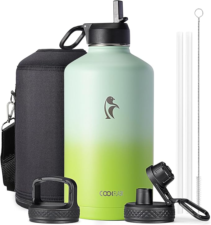 Coolflask 128 oz Gallon Water Bottle Insulated with Straw&3 Lids, Water Jug Large Stainless Steel Metal Vacuum Wide Mouth for Sports, Gym or Office, Non-BPA Keep Cold 48H Hot 24H, Ombre Green