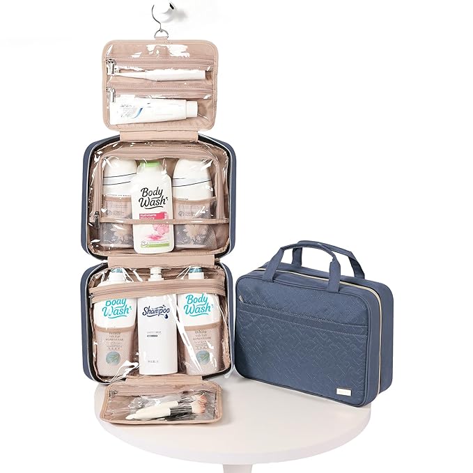 NISHEL Travel Toiletry Bag for women, Portable Hanging Organizer for Family-Sized Shampoo, Conditioner, Brushes Set, Makeup Accessories, Extra Large Size, Aegean-Blue