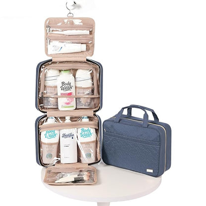 NISHEL Travel Toiletry Bag for women, Portable Hanging Organizer for Family-Sized Shampoo, Conditioner, Brushes Set, Makeup Accessories, Extra Large Size, Aegean-Blue