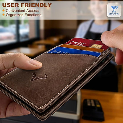 BULLIANT Men Wallet,Top Grain Leather Slim Wallet Magnetic Closure Simplifed Bill Folder RFID Blocking 11Cards