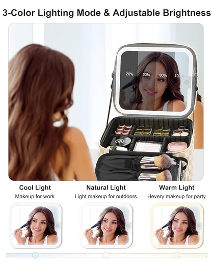 Relavel Travel Makeup Bag With LED Mirror, Cosmetic Train Case with Light up Mirror, Portable Makeup Artist Organizer Bag with Adjustable Dividers, Makeup Brush Holder Storage, Plaid