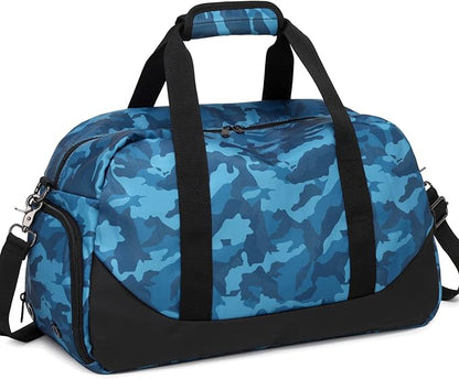 Boys Overnight Duffel Bags Sport Gym Bag Gymnastics Bag with Shoe Compartment, Carry-on Size Weekender Sleepovers Travel Duffel Bag for Boys (Blue Camo)