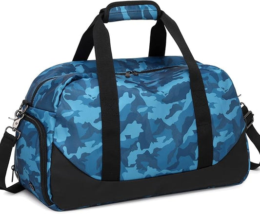 Boys Overnight Duffel Bags Sport Gym Bag Gymnastics Bag with Shoe Compartment, Carry-on Size Weekender Sleepovers Travel Duffel Bag for Boys (Blue Camo)