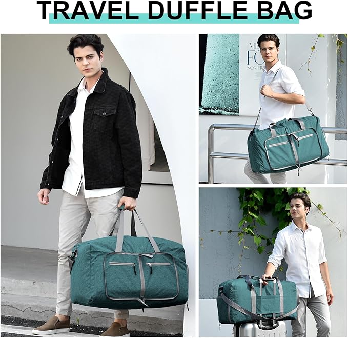 Dimayar 65L Travel Duffle Bag for Men Women - Foldable Duffel Bag with Shoes Compartment - Overnight Bags Waterproof & Tear Resistant(Green)