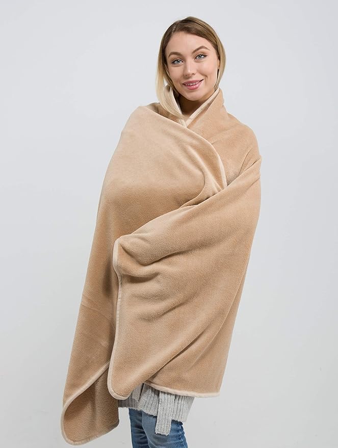 BlueHills Travel Blanket Pillow in Mini Soft Case Premium Plush Airplane Blanket Compact Luggage Belt and Backpack Clip Warm Plane Pillows Traveling Gifts Packable - Beige M06