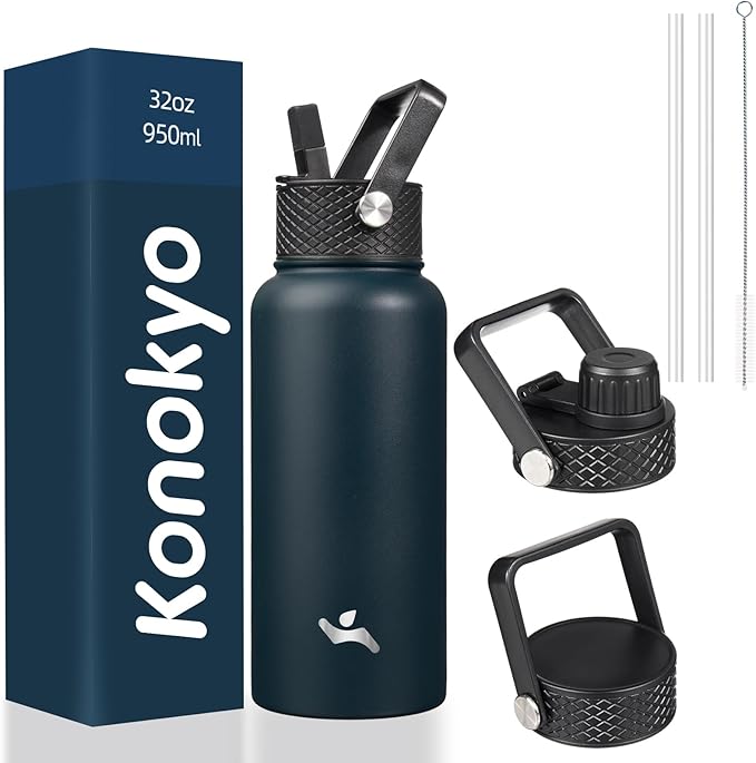 32 oz Insulated Water Bottle Stainless Steel Sport Bottles with 3 Lids,Navy Blue