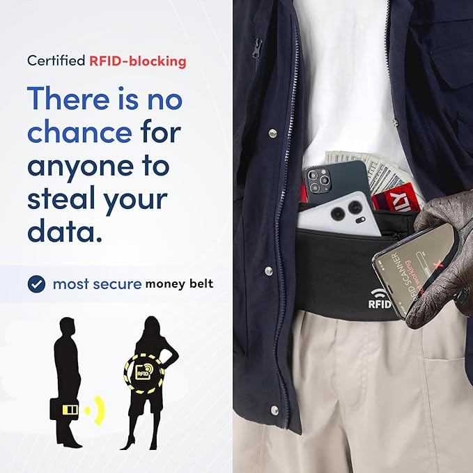 Travel Money Belt for Men and Women hidden slim passport holder - travel wallet with RFID blocking under clothes to protect Cash, Credit Cards and Documents (GRAY)