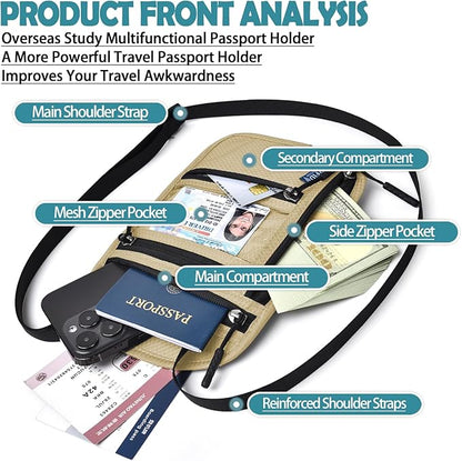 RFID Blocking Travel Neck Wallet–Hidden Passport Holder & Anti-Theft Money Pouch for Men & Women, Lightweight Concealed Travel Organizer with Adjustable Strap Secure Document