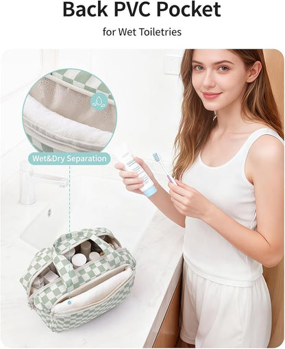 Narwey Travel Toiletry Bag, Wide-open Large Toiletry Bags for Traveling Women, Checkered Travel Bag for Toiletries Cosmetic Makeup Bag Organizer, Skincare Make Up Bag (Mint Green Checkerboard)