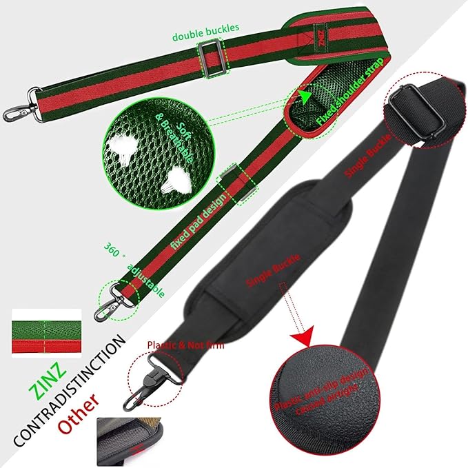ZINZ Shoulder Strap Universal Bag Strap - 78" Ultra-Thick Padded with Dual Balanced Adjustable Buckles for Briefcase, Travel, Sports, Laptop, Crossbody Bag，Stripes-GrRdGr