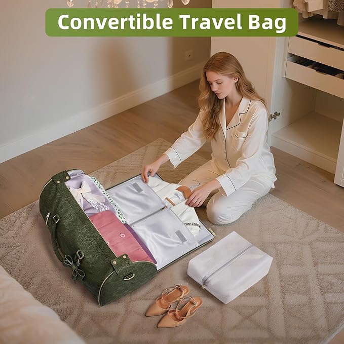 Garment Duffle Bag for Travel, 2-in-1 Foldable Carry On Garment Bag with Shoe Compartment & Toiletry Pocket, Convertible Weekender Bags for Women Business Travel, Vacation, Party, Deep Green