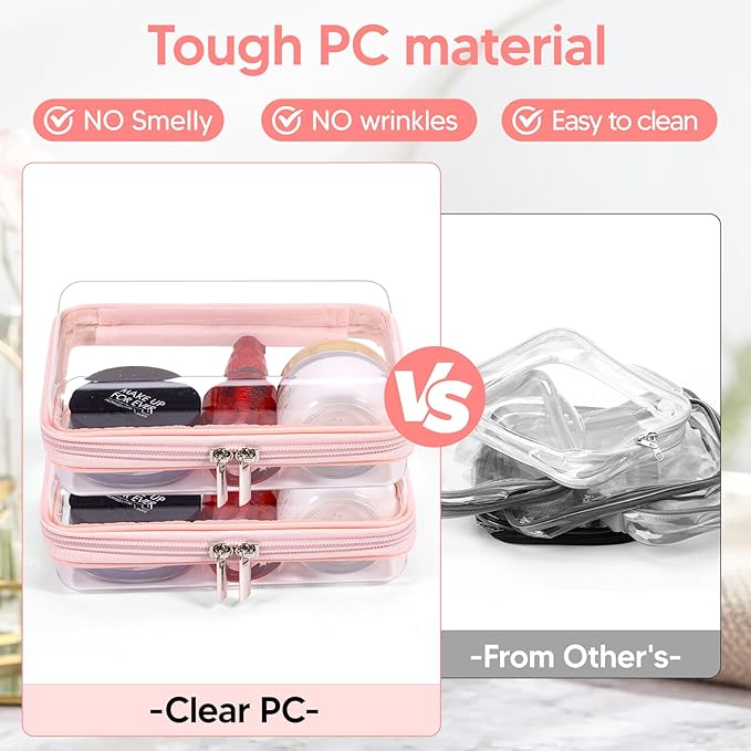2 Pcs Clear Hard Zipper Case, Hard PC Plastic Cosmetic Travel Bag, Portable Travel Organizer Bins, Durable Makeup Bags for Toy Storage, Pencil Case(Pink Zipper)