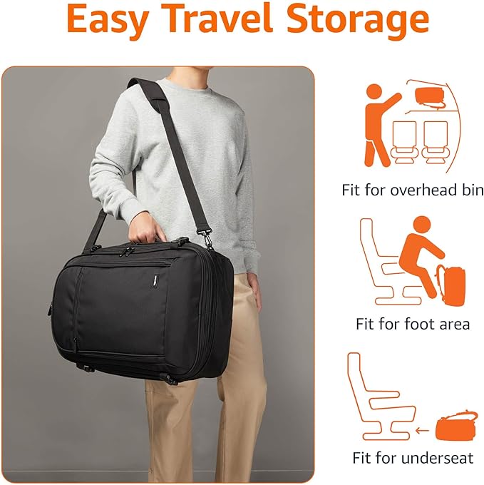 Amazon Basics Travel Backpack, Carry On Backpack, With Laptop Compartment, 40L Capacity, Expandable for 10% Extra Space, Backpack & Shoulder Bag Dual Use, 15.8"W x 21.5"H x 8.3"D, Black