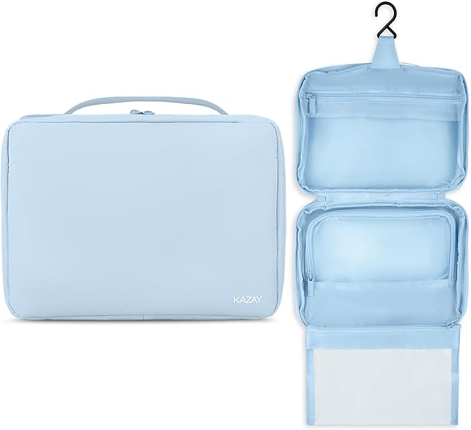 KAZAY Hanging Toiletry Bag with TSA Approved Detachable Pouch, Travel Toiletry Bag, Water Resistant, Premium Nylon, Travel Size Toiletries, Cosmetic Bag, Unisex (Light Blue)