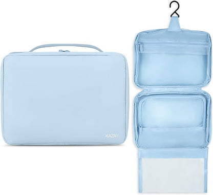 KAZAY Hanging Toiletry Bag with TSA Approved Detachable Pouch, Travel Toiletry Bag, Water Resistant, Premium Nylon, Travel Size Toiletries, Cosmetic Bag, Unisex (Light Blue)