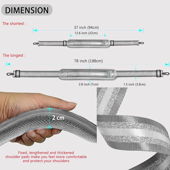 ZINZ Shoulder Strap Universal Bag Strap - 78" Ultra-Thick Padded with Dual Balanced Adjustable Buckles for Briefcase, Travel, Sports, Laptop, Crossbody Bag - Gray Silver